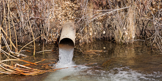 a pipe emptying water into a stream in the woods 