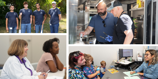 a collage of interns standing outside, a nurse and a coworker smile in a meeting, a WIC dietician meets with a client and their children, a health inspector takes the temperature of food while the foo