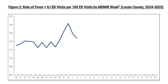 A line graph shows a decrease in Fever and Flu visits to Emergency Rooms in the first 2 weeks of 2025.