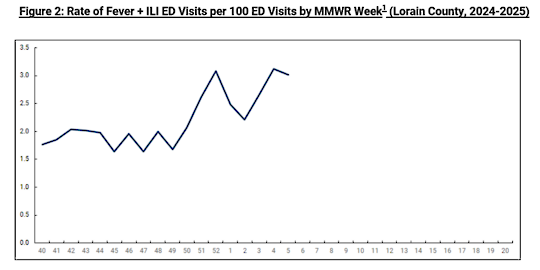 Lorain County (2024-25) ED visits for fever/ILI peaked in week 5, after a steady increase since week 48