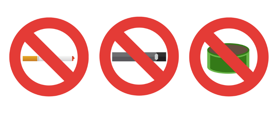 a graphic of a cigarette, vape, chewing tobacco crossed out 