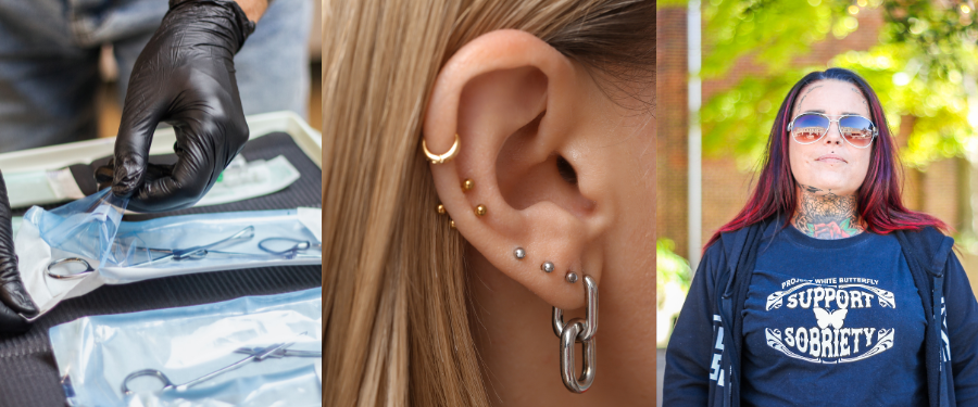 a collage of person with a glove prepares a piercing tool, a person with their ears pierced, and a woman with tattoos and piercings 