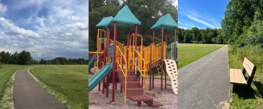 A collage of a walking path, a playground, and a walking path with a bench 