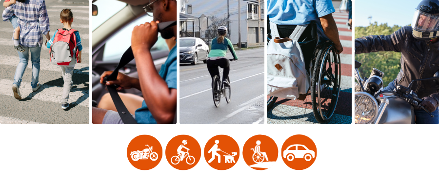 a photo collage of a parent and child walking across a sidewalk, a man buckling his seat belt in a car, a woman riding a bike down the street as car pass wearing a helmet, a person in a wheelchair cro