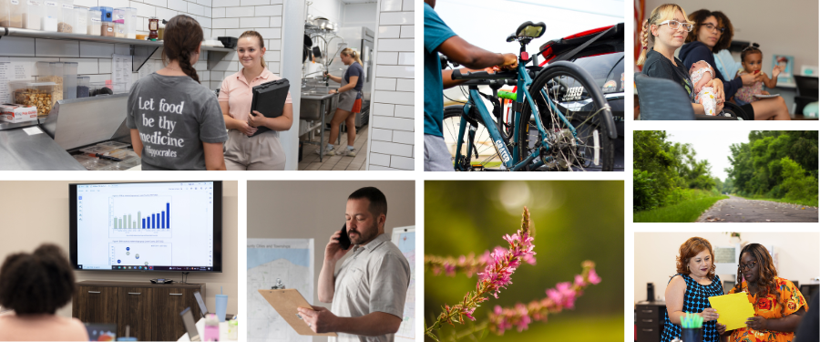 Photos of: a man putting a bike on his car, a man holding a clipboard on the phone, two women reviewing paperwork, two moms holding babies, a woman viewing data on a screen 