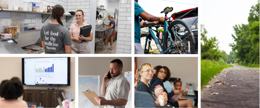 A six-image collage depicting community health themes. Top left: a woman with dark hair in a ponytail talks to another woman in a kitchen.